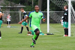 Bandile Mathandela reacts after scoring the winning goal for the Risers on Saturday. Photo/Muskegon Risers.